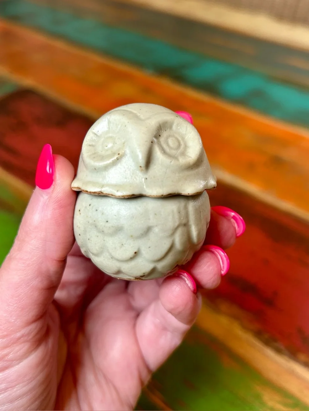 Vintage 1971 Vandor Japan Owl Mini Trinket Jar Bisque Stoneware